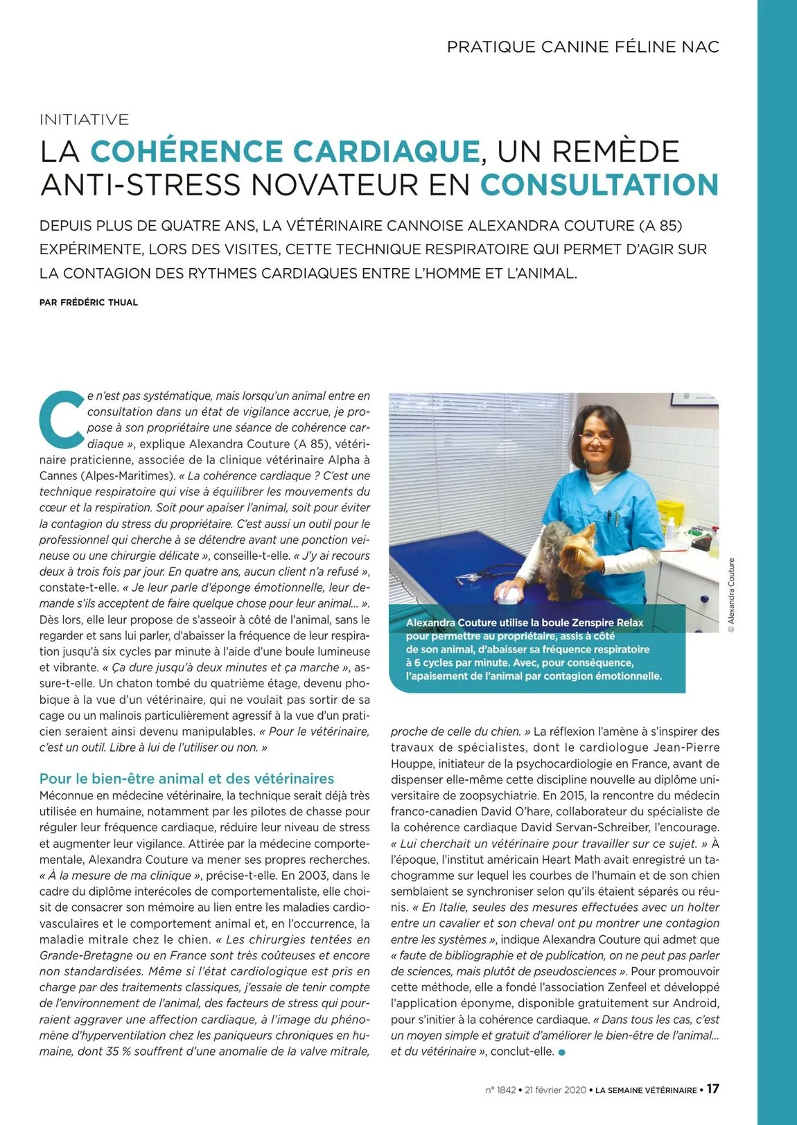 Fac-similé de l'article de La Semaine Vétérinaire consacré à la cohérence cardiaque en consultation